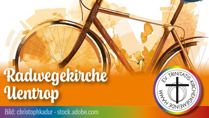 Eine Vintage-Fahrradgrafik mit dem Text „Radwegekirche Uentrop“ und einem Kirchenemblem auf orangefarbenem Hintergrund.