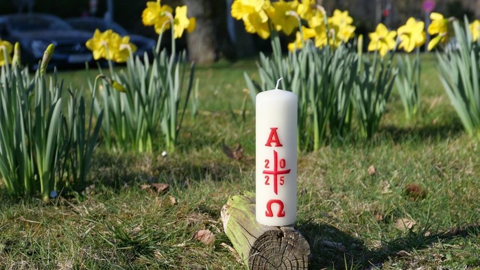Weiße Kerze mit rotem Kreuz und Omega auf Baumstumpf im Gras, gelbe Blumen im Hintergrund