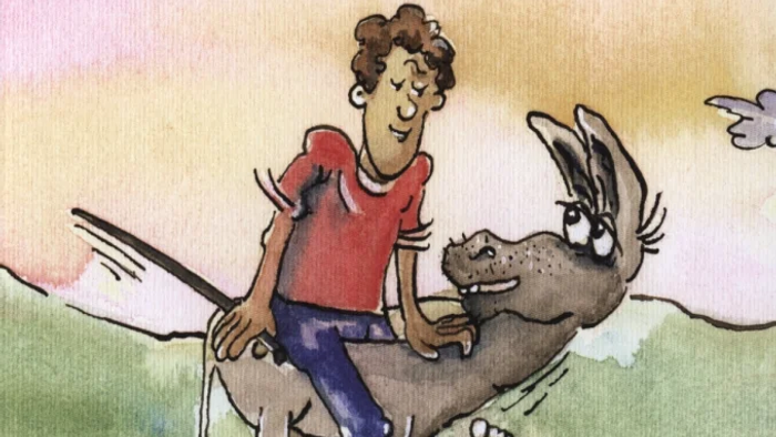 Das Bild zeigt ein Kind, das auf einem Esel reitet, mit Text in Deutsch