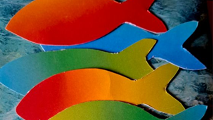 Ein Bild von 5 bunten Fischen aus Pappe in Blau, Grün, Orange und Rot auf blauem Hintergrund.
