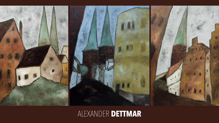 Drei abstrakte Gemälde von Alexander Dettmar mit Gebäuden und Landschaftsformen