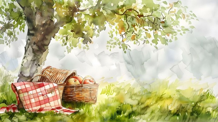 Ein Picknick unter einem Baum mit Korb und Decke