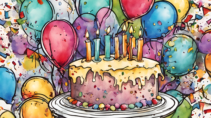 Ein Geburtstagskuchen mit brennenden Kerzen und bunten Luftballons.