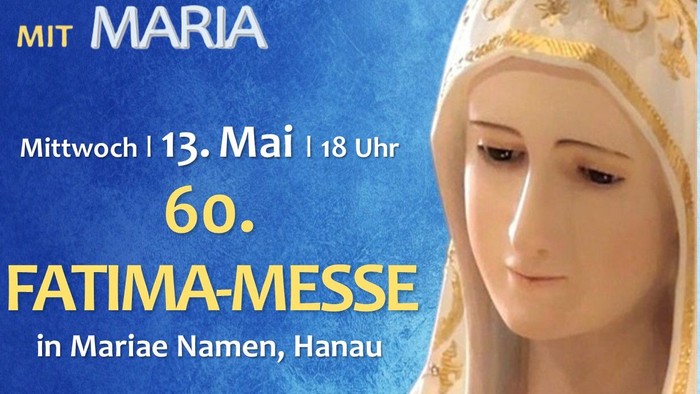 Plakat zur Ankündigung einer Fatima-Messe zum 60. Jahrestag mit Bischof Dr. Diez und Dechant Weber in Hanau am 13. Mai.