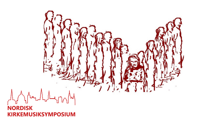 Illustrasjon af en folkemasse med teksten "Nordisk Kirkemusik Symposium"