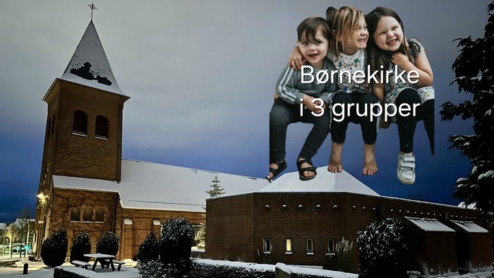 En snedækket kirkegårdsscene med tre børn på taget, mærket *