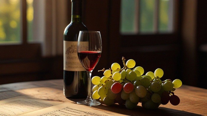 Weinflasche, Glas und Trauben auf Tisch