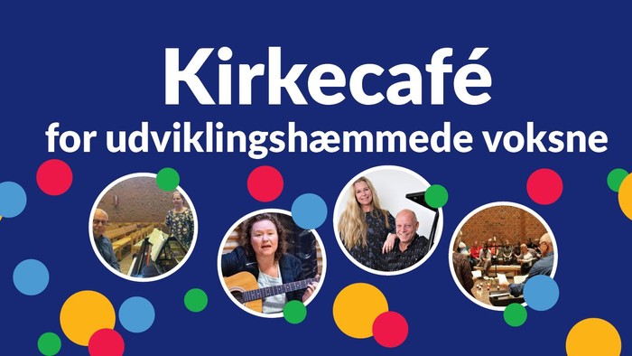 Kirkecafé med glade og farverige elementer og billeder af deltagere