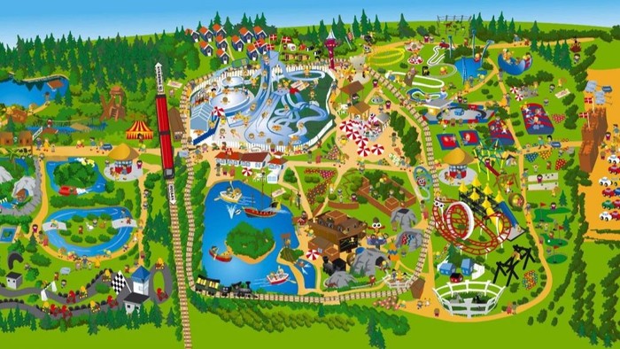Billedet viser en oversigt over et dyrepark med adskillige dyr, vandløb og attractions.