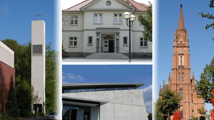 Das Bild zeigt verschiedene Kirchenarchitekturen: moderne, klassische und historische Gebäude.