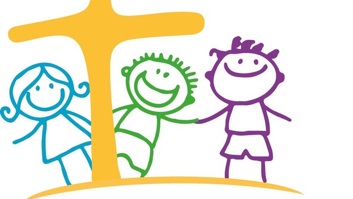 Drei Kinder stehen vor einem gelben Kreuz, darunter steht 