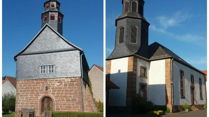 Zwei Bilder von Kirchengebäuden mit Türmen und Kreuzen