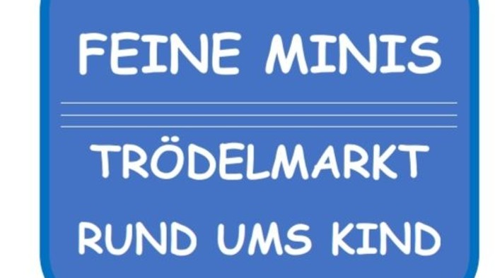 Blauer Sprechblasen-Button mit Text "Feine Minis Trödelmarkt rund ums Kind"