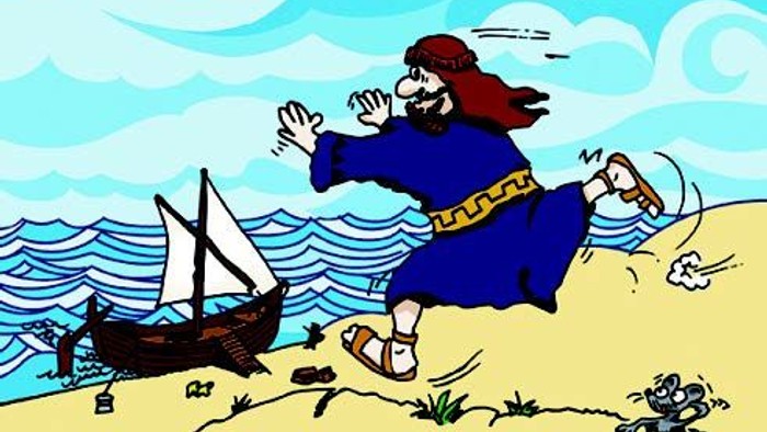 Das Bild zeigt eine illustrierte Szene mit einem Mann in blauer Robe, der über einen Strand rennt, mit einem Schiff im Hintergrund und Text in Deutsch