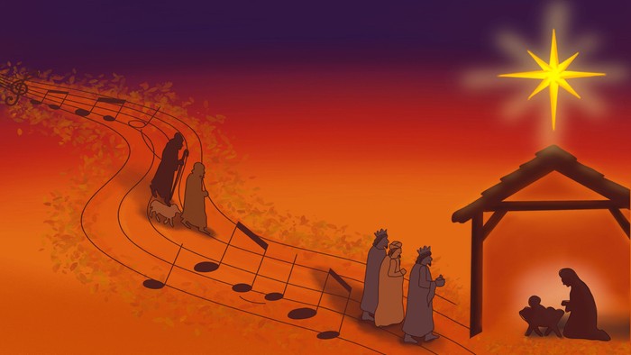 Hirten und die drei Weisen kommen zum Kinde an der Krippe.