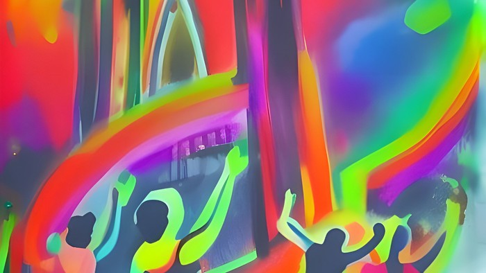 Farverige maleri af kirke og dansende figurer