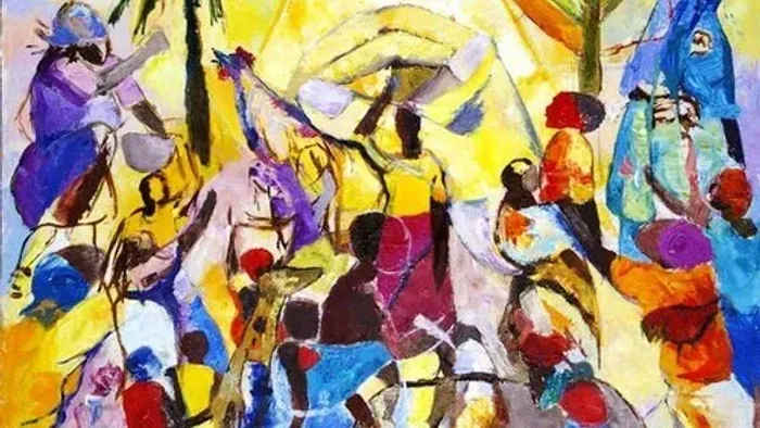 Bunte, abstrakte Darstellung von Menschen in Bewegung, möglicherweise ein Fest oder eine Feier.