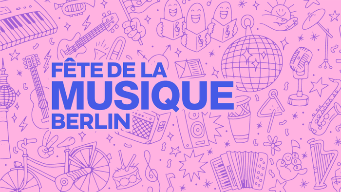 Das Bild zeigt das Festival der Musik in Berlin mit verschiedenen Musikinstrumenten und Symbolen.