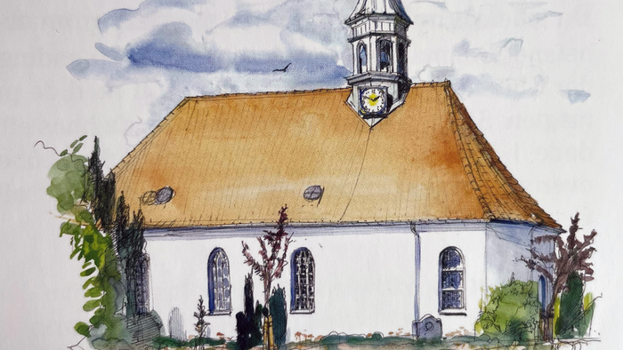 Vandmaleri af gammel kirke med tårn og klokke.