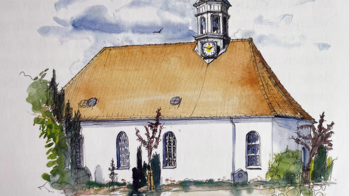 Vandmaleri af gammel kirke med tårn og klokke.