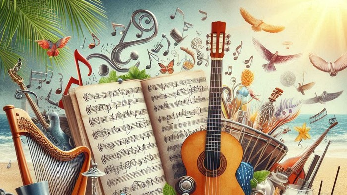 Ein Strand mit Musikinstrumenten, Noten und exotischen Früchten