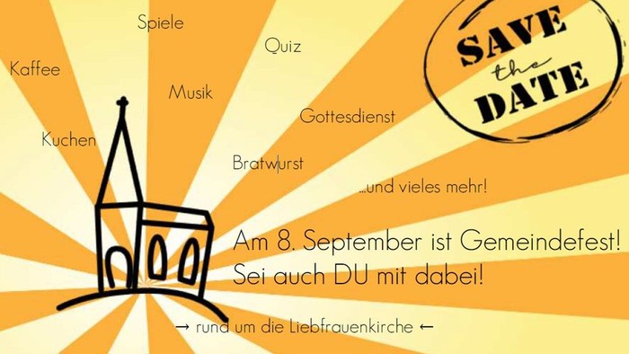 Das Bild ist eine Werbung für ein Gemeinschaftsfest am 8. September mit verschiedenen Aktivitäten wie Spielen, Musik und Essen.