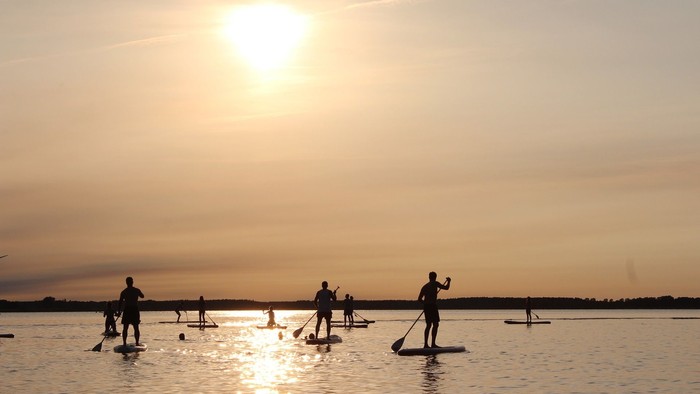 Leute, die bei Sonnenuntergang Stand-Up-Paddling machen