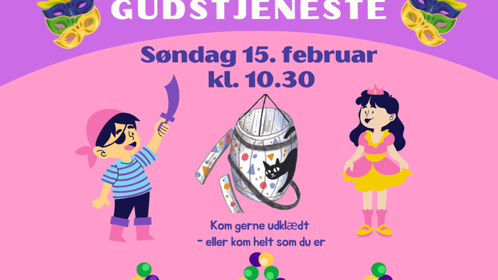 Et farverigt plakat, der annoncerer en fastelavnsgudstjeneste tirsdag den 15. februar kl. 10:30, med opfordring til festlige kostumer.