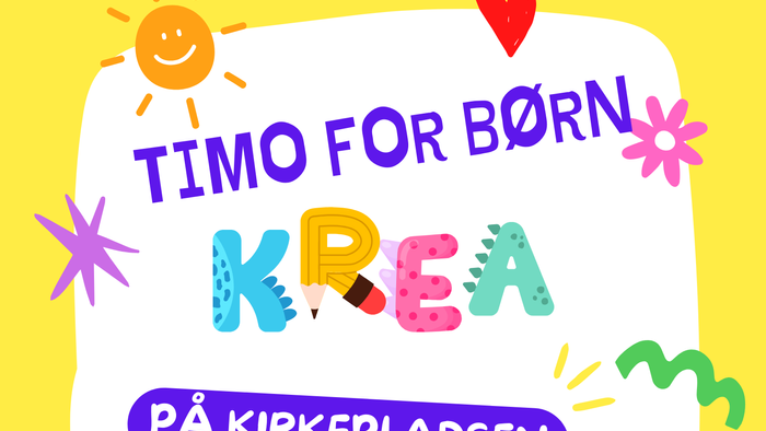 Billedet viser en festlig og farverig fødselsdagsglæde med teksten "TIMO FOR BØRN KREA PÅ KIRKEPLADSEN"