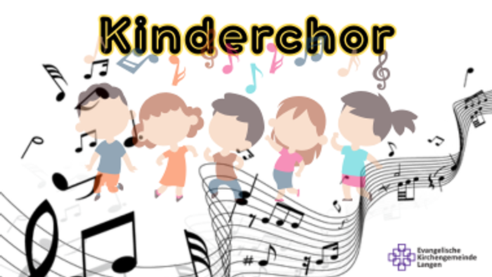 Kinderchor singt fröhlich mit Noten im Hintergrund