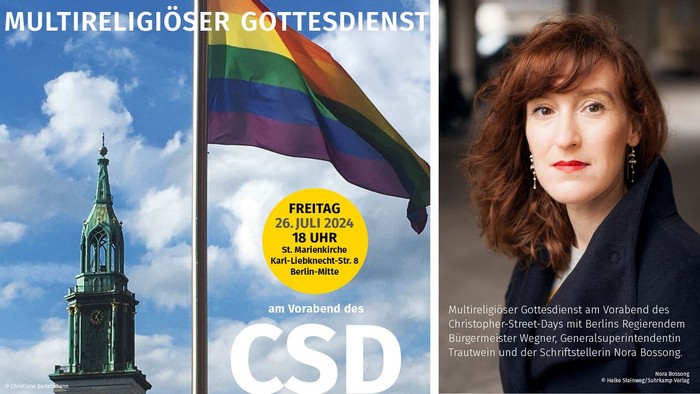 Das Bild zeigt eine Frau vor einem Gebäude mit einem Regenbogenfahne und einem Plakat für eine multireligiöse Gottesdienstveranstaltung.