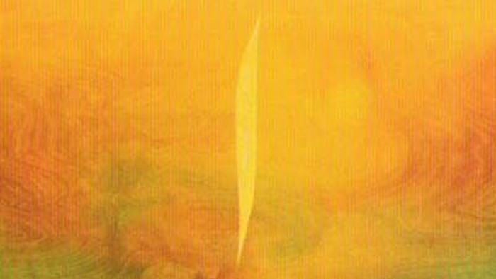 Ein impressionistisches Gemälde mit einem gelben Federpinsel vor einem orangefarbenen Hintergrund
