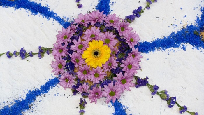 Ein Blumenmandala mit lila und gelben Blumen auf weißem Boden mit blauen Linien