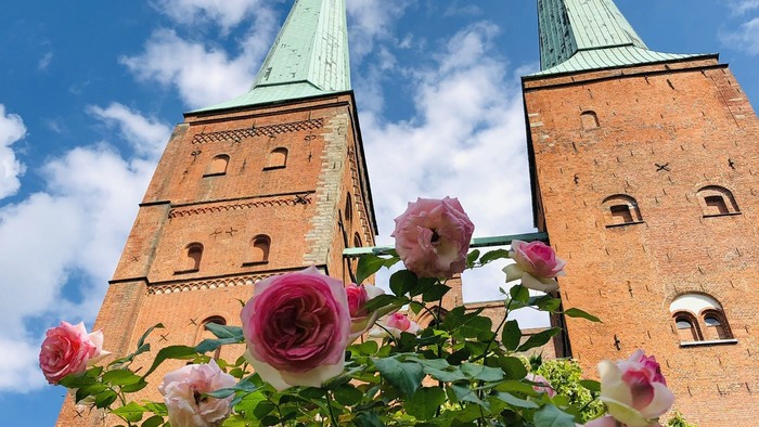 Zwei hohe Ziegelgebäude mit grünen Spitzen und rosa Rosen im Vordergrund