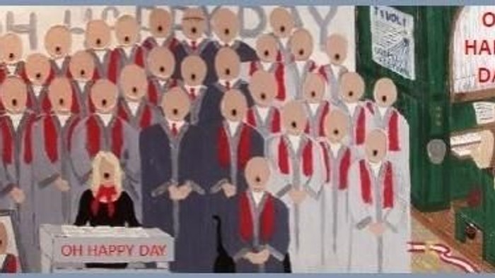 En gruppe bjørnefigurer i skoleuniformer og røde skarver står i en kreds og synger.