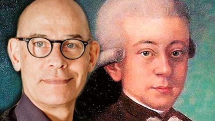 En moderne mands ansigt overlagret med et portræt af en historic person.