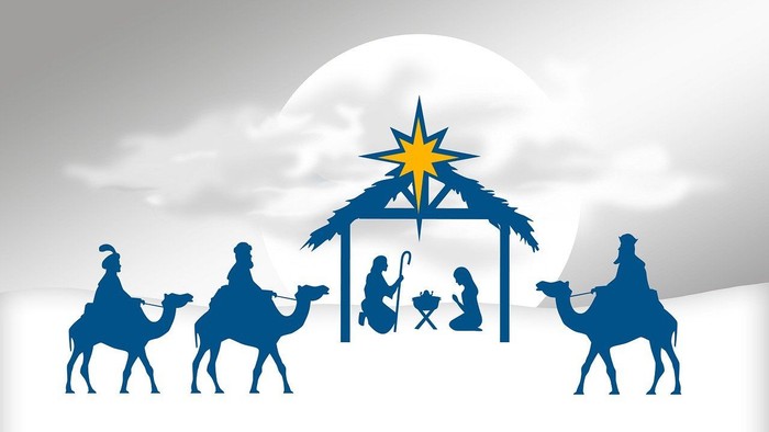 Nattens fødsel med tre vise mænd og kameler under stjerne.