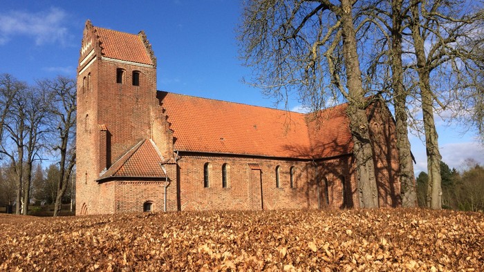 En gammel kirke med røde teglsten og tårn, omgivet af løvfald og træer