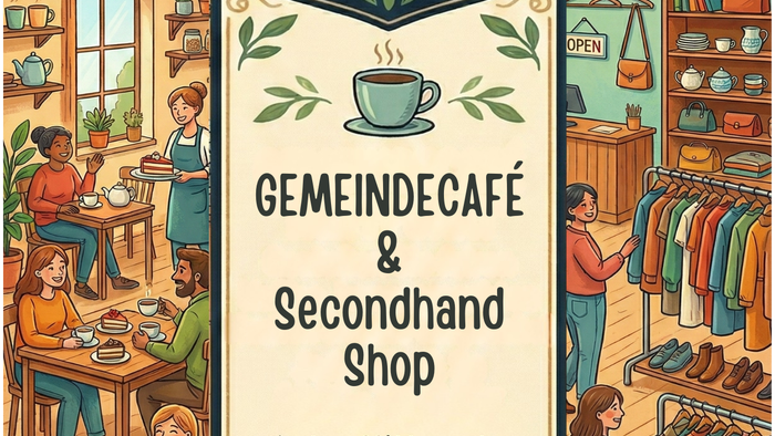 Eine Illustration. Auf der linken Seite sieht man Menschen in einem Café. Auf der rechten Seite Menschen in einem Secondhand-Shop stöbern. In der Mitte ist ein Banner mit Schriftzug