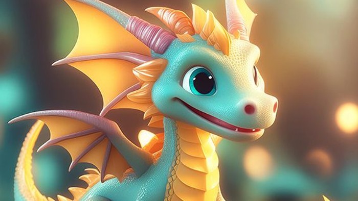 Ein niedlicher blauer Drache mit gelben Flügeln sitzt auf einem Felsen.