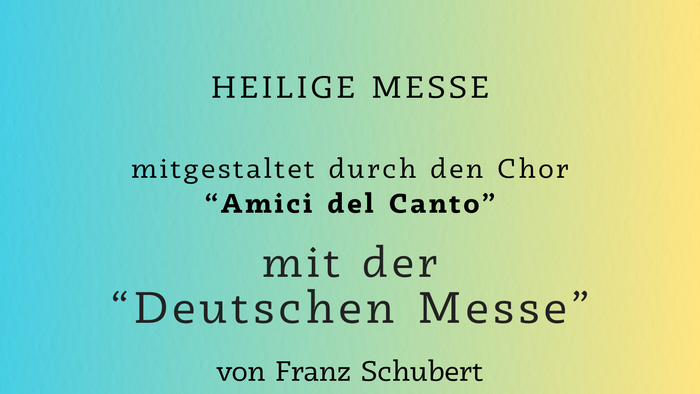 Konzertplakat zur Ankündigung einer Heiligen Messe mit Schuberts „Deutsche Messe“, aufgeführt vom Chor „Amici del Canto“ am 26. April 2026.