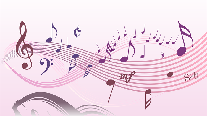 Musikalische Noten und Symbole, die aus Kopfhörern fließen, vor einem rosa Hintergrund.