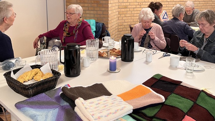 En gruppe ældre personer sidder ved et bord med te, kager og strikkearbejde.