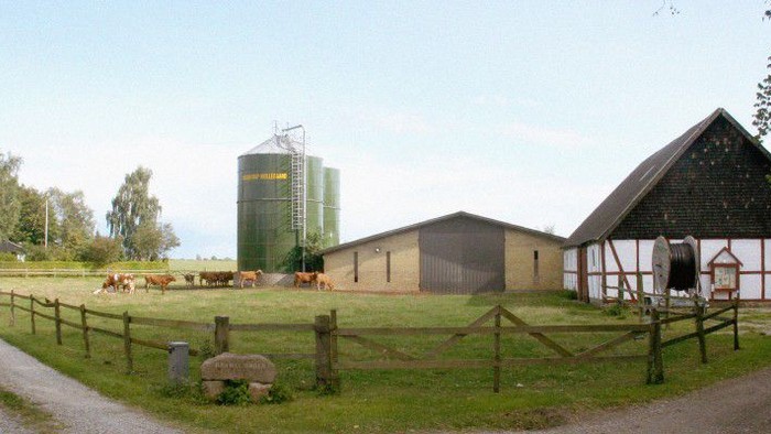 En landlig scene med en fæstning og en silo, hvor der er køer i en pængang og en person ved en hest.