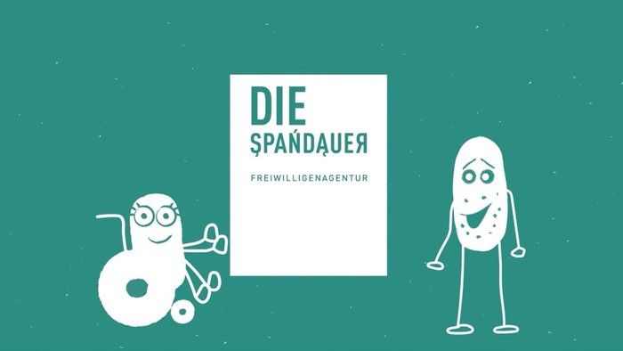 Zwei illustrierte Figuren präsentieren ein Buch mit dem Titel "Die Spandauer Freiwilligenagentur".
