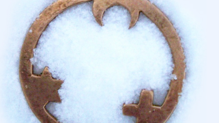 Eine Münze mit einem ahornblattmuster, das mit Schnee bedeckt ist.