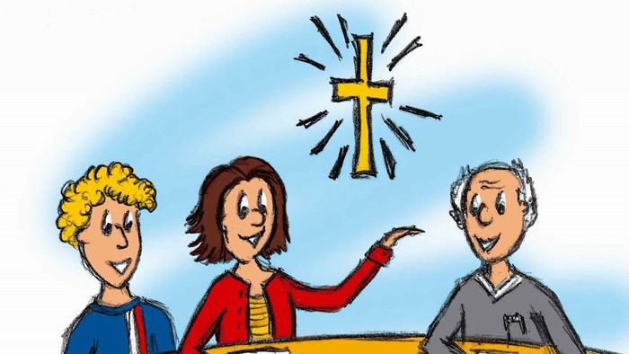 Drei Menschen stehen in einem flachen Gewässer unter einem leuchtenden Kreuz.