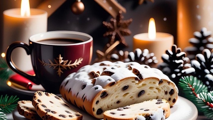 Ferien-Szene mit Kuchen, Kaffee, Kerzen und Dekorationen