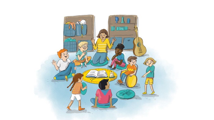 Ein bunter Kreis von Menschen um zwei große Bildschirme, die Musik und Tanz zeigen.