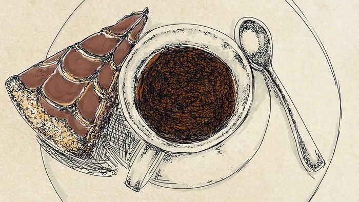 Eine Tasse Kaffee und ein Stück Kuchen auf einem Teller